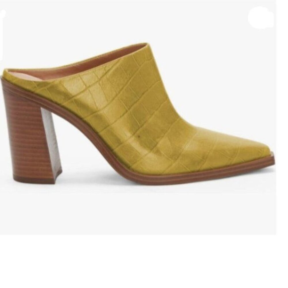FOWT Yellow Crocodile Embossed Mules Chunky Heel Slippers Pointed Toe Shoes